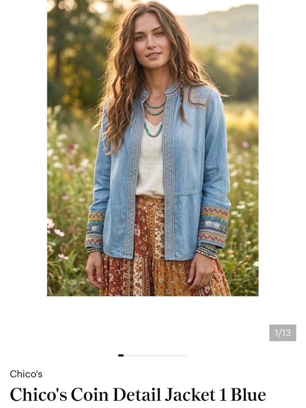 Chico's Light Blue Embroidered Denim Jacket with Beaded Coin Cuffs - Picture 4 of 4